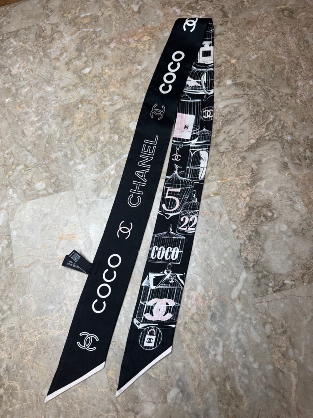 CHANEL Black White and Pale Pink Logo Silk Twilly